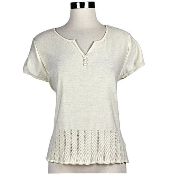 Sweater Short Sleeve Round Split Neck Chevron Hem Patten Ivory Womens Petite XL - Picture 1 of 7